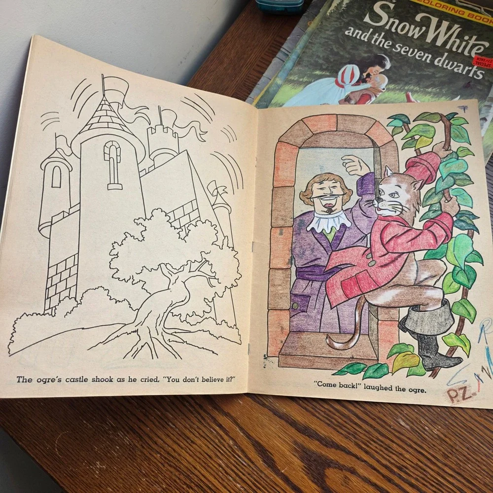 Vintage Giant Coloring Book Lot Puss in Boots Snow White Hansel Gretel 6 Books